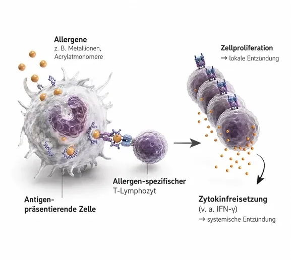Diagramm der Immunreaktion auf Allergene mit T-Lymphozyten-Aktivierung