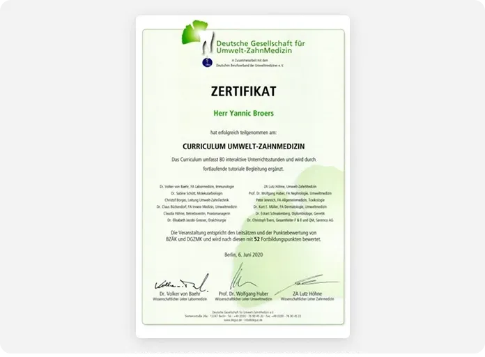 Certificate for Environmental Dentistry curriculum