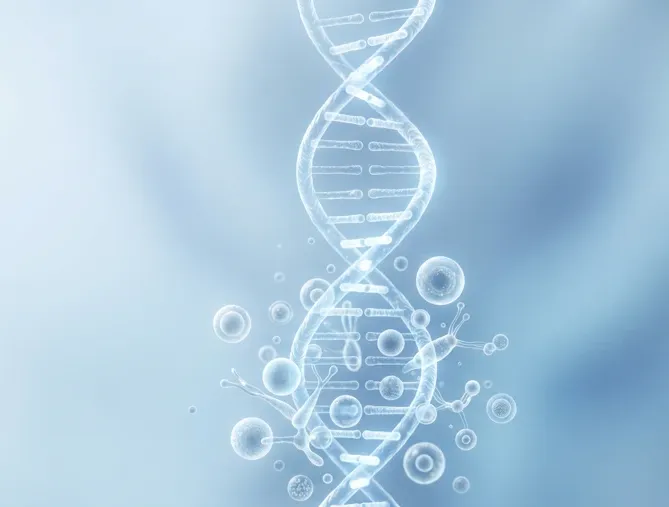 3D-Illustration einer DNA-Doppelhelix umgeben von Zellstrukturen