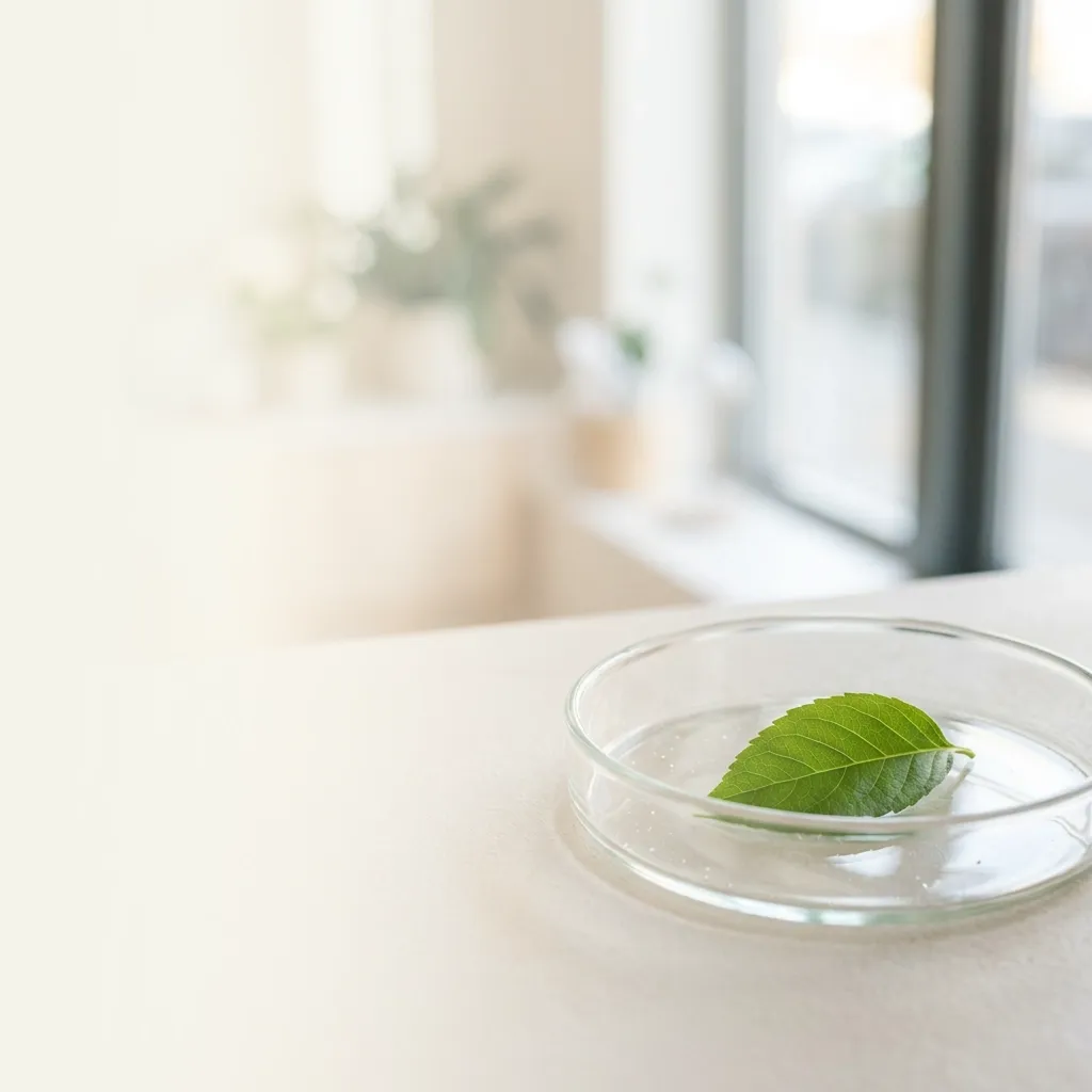 Glas-Petrischale mit botanischen Elementen als Symbol für die Ozontherapie