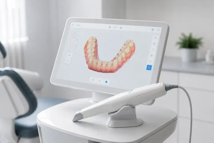 Intraoralscanner mit digitalem 3D-Abdruck des Unterkiefers auf dem Bildschirm