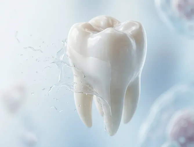 3D-Illustration eines Zahns mit Wasserspritzern und Bakterien im Hintergrund